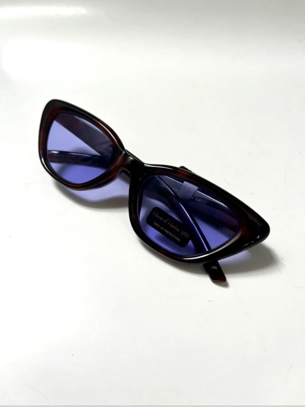 House of Harlow 1960 Slim Cat Eye Sunglasses Tortoise Shell NWT Blue Lens